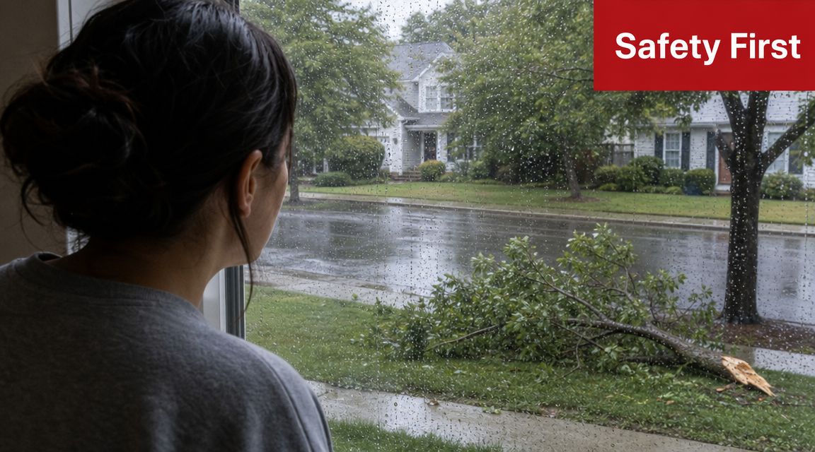 A woman looks through a window at a fallen tree branch following a severe storm.