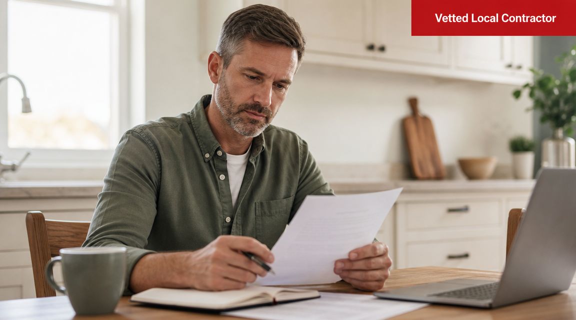 A professional contractor sitting at a kitchen table reviewing documents and planning home repairs.
