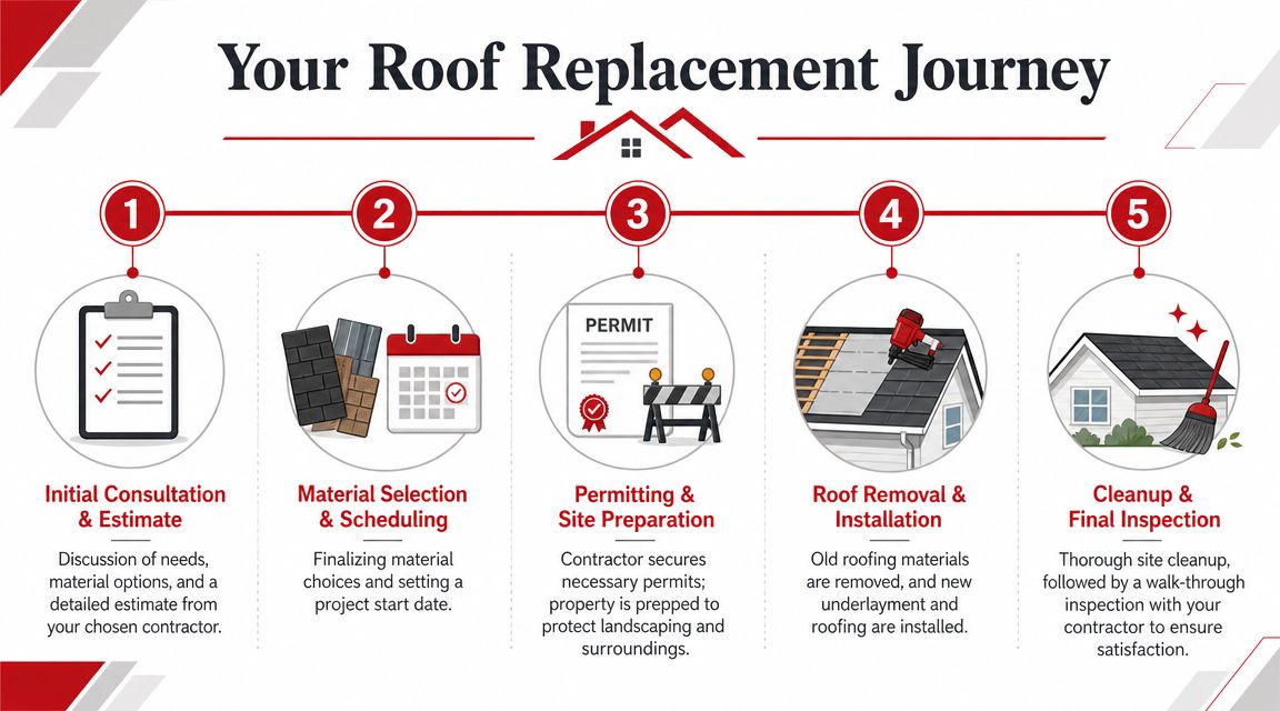 A five-step infographic showing the roof replacement journey, from initial consultation to final inspection and cleanup.