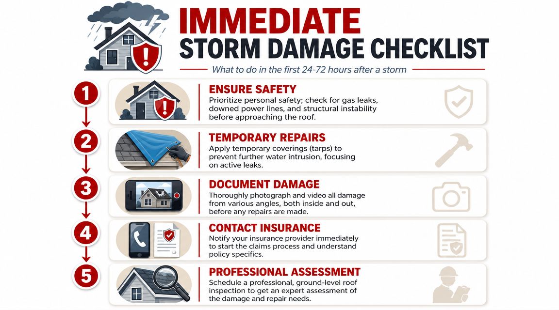 A checklist infographic illustrating five critical steps to follow immediately after storm damage to your home.