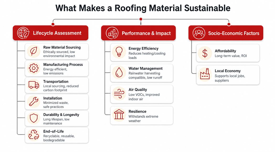 A diagram outlining key criteria for sustainable roofing, including lifecycle assessment, performance, and socio-economic factors.