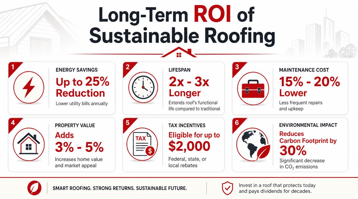 An infographic showing six long-term benefits of installing sustainable roofing, including energy savings and property value increases.