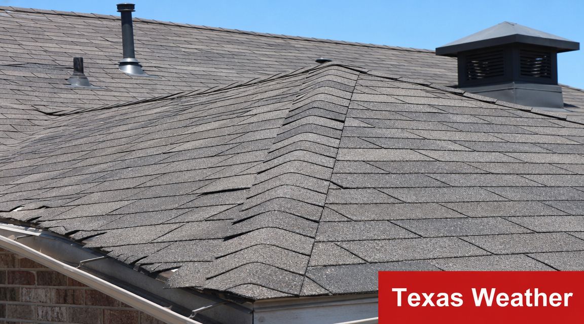 A close-up view of weathered asphalt roof shingles on a house showing signs of aging and wear.
