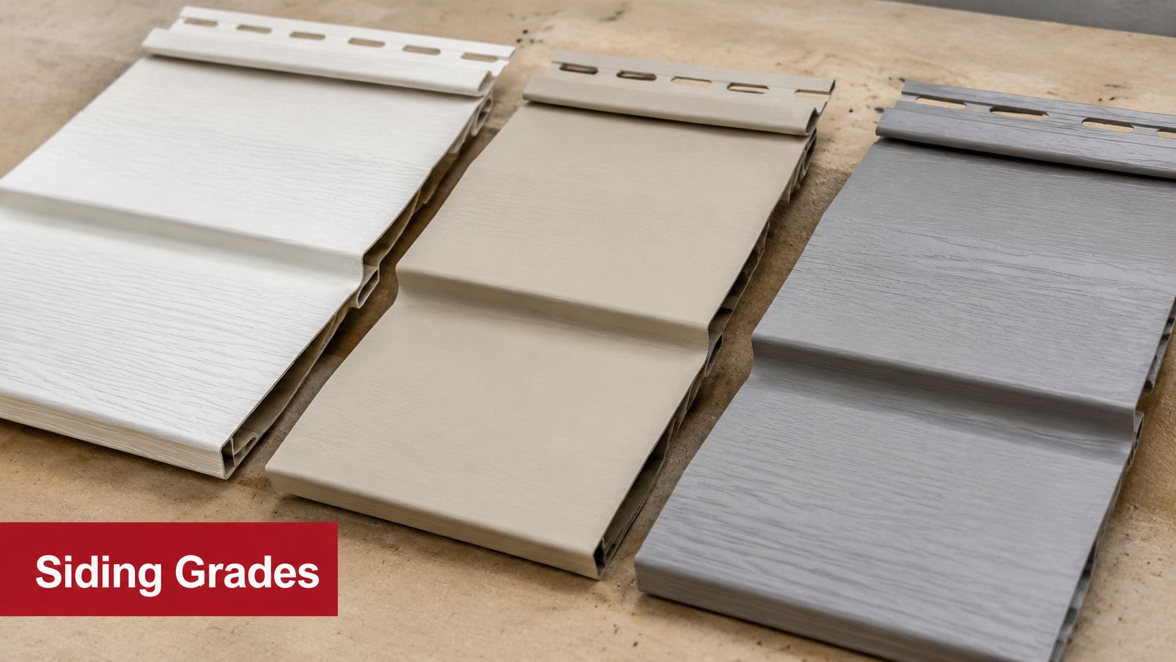 Three different colors and styles of vinyl siding samples displayed side by side on a workbench.