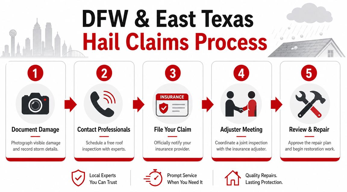 A five-step infographic showing the DFW and East Texas hail damage claims and roof repair process.