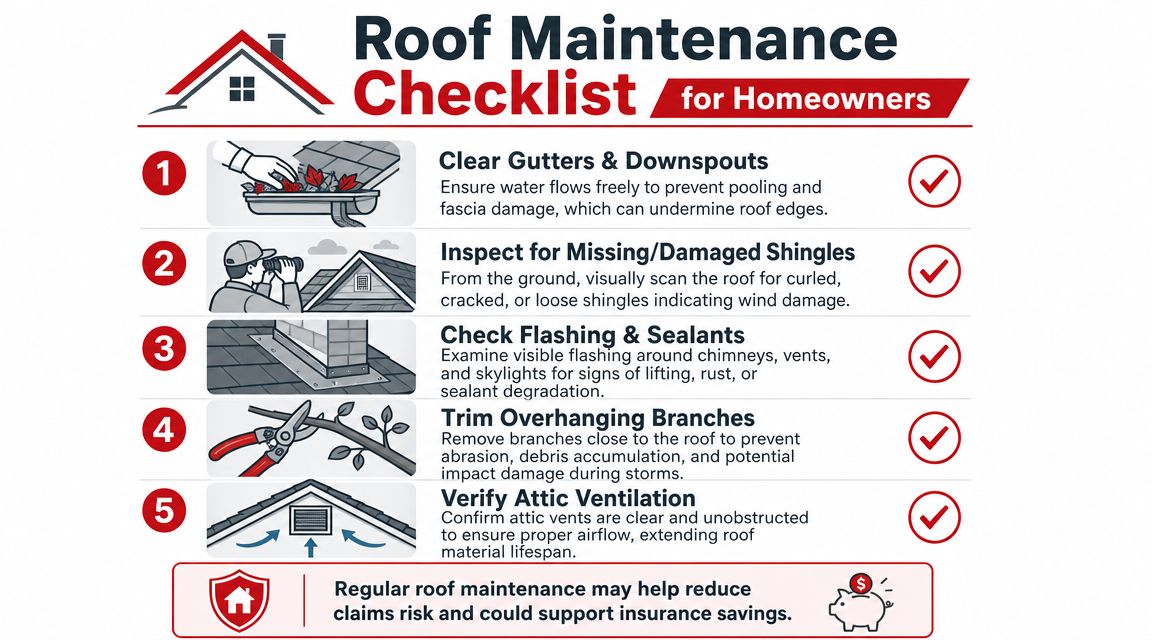 A five-step infographic guide detailing essential home roof maintenance tasks for homeowners to ensure longevity.