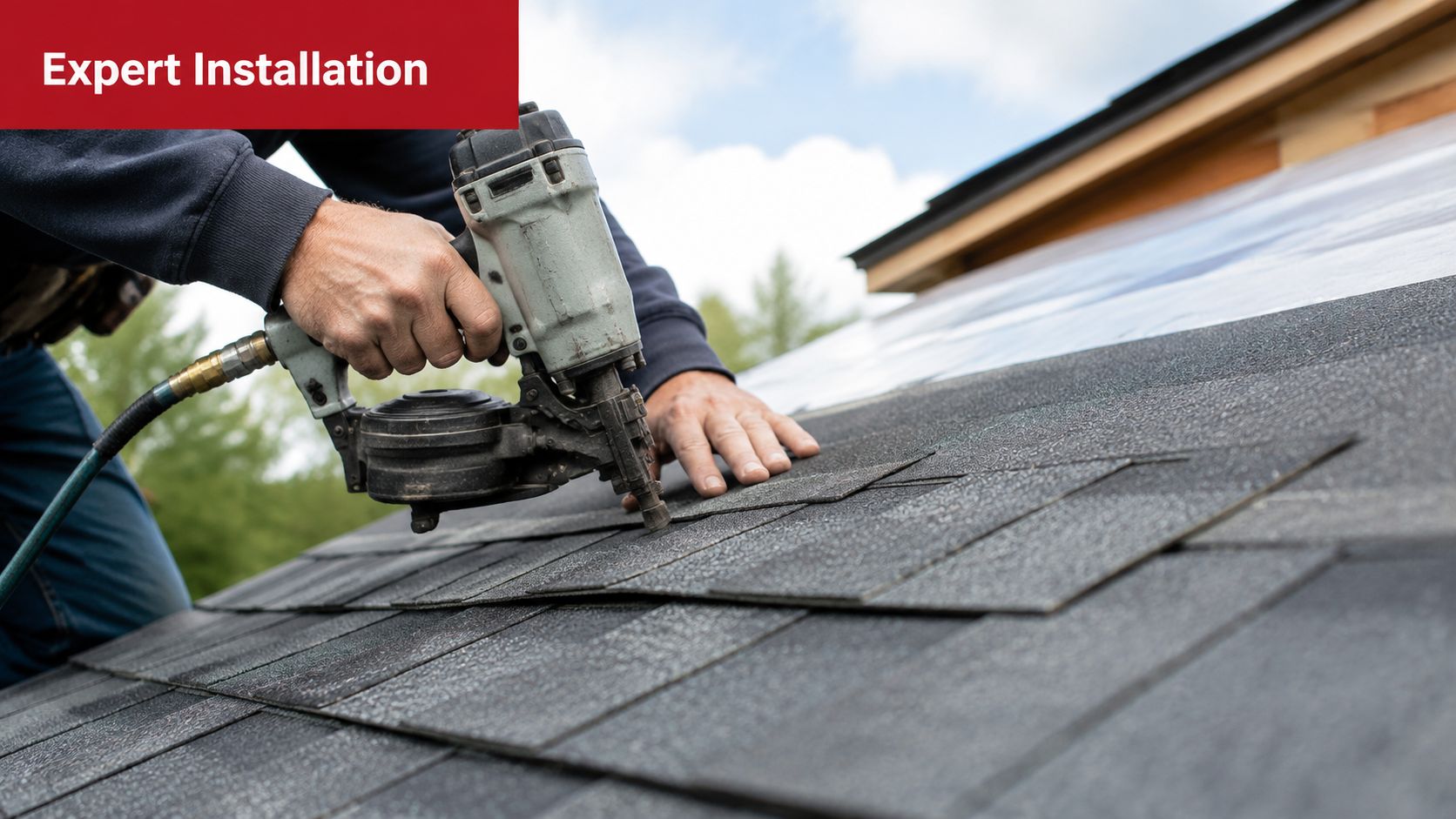 A professional roofer using a pneumatic nail gun to install black shingles on a residential roof.