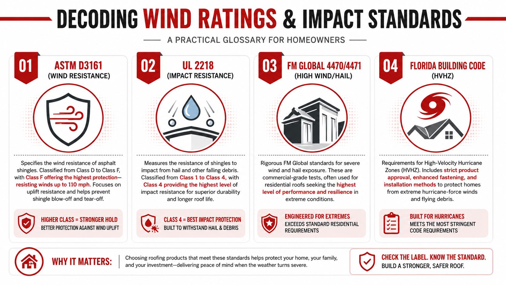 An infographic titled Decoding Wind Ratings and Impact Standards explaining four key roofing safety certification standards.
