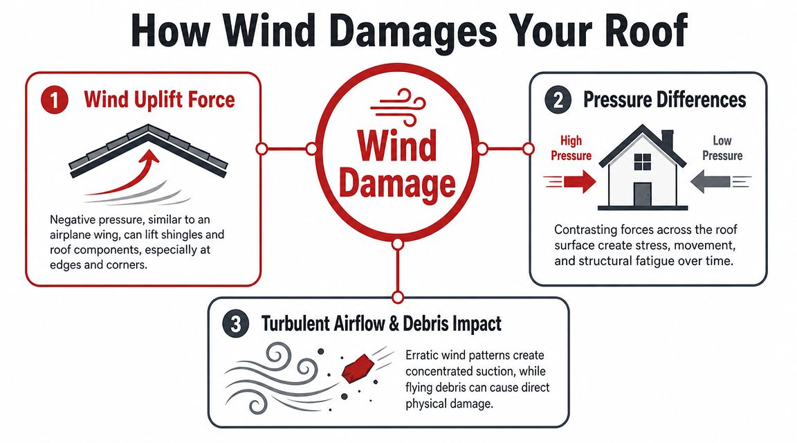 An infographic illustrating three main ways that wind causes damage to residential roofing systems.