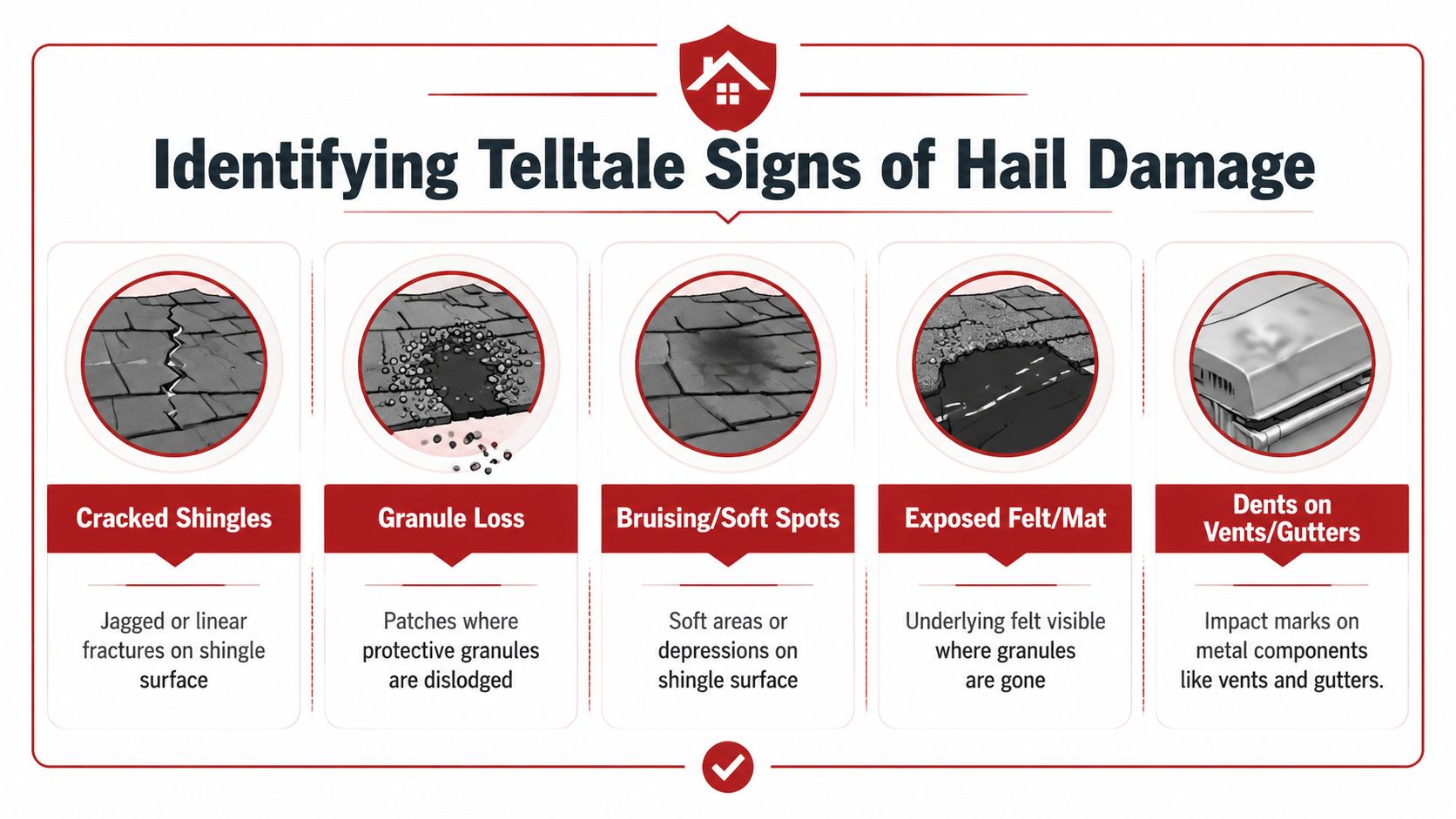 An infographic illustrating the five common signs of hail damage on asphalt roof shingles and metal components.