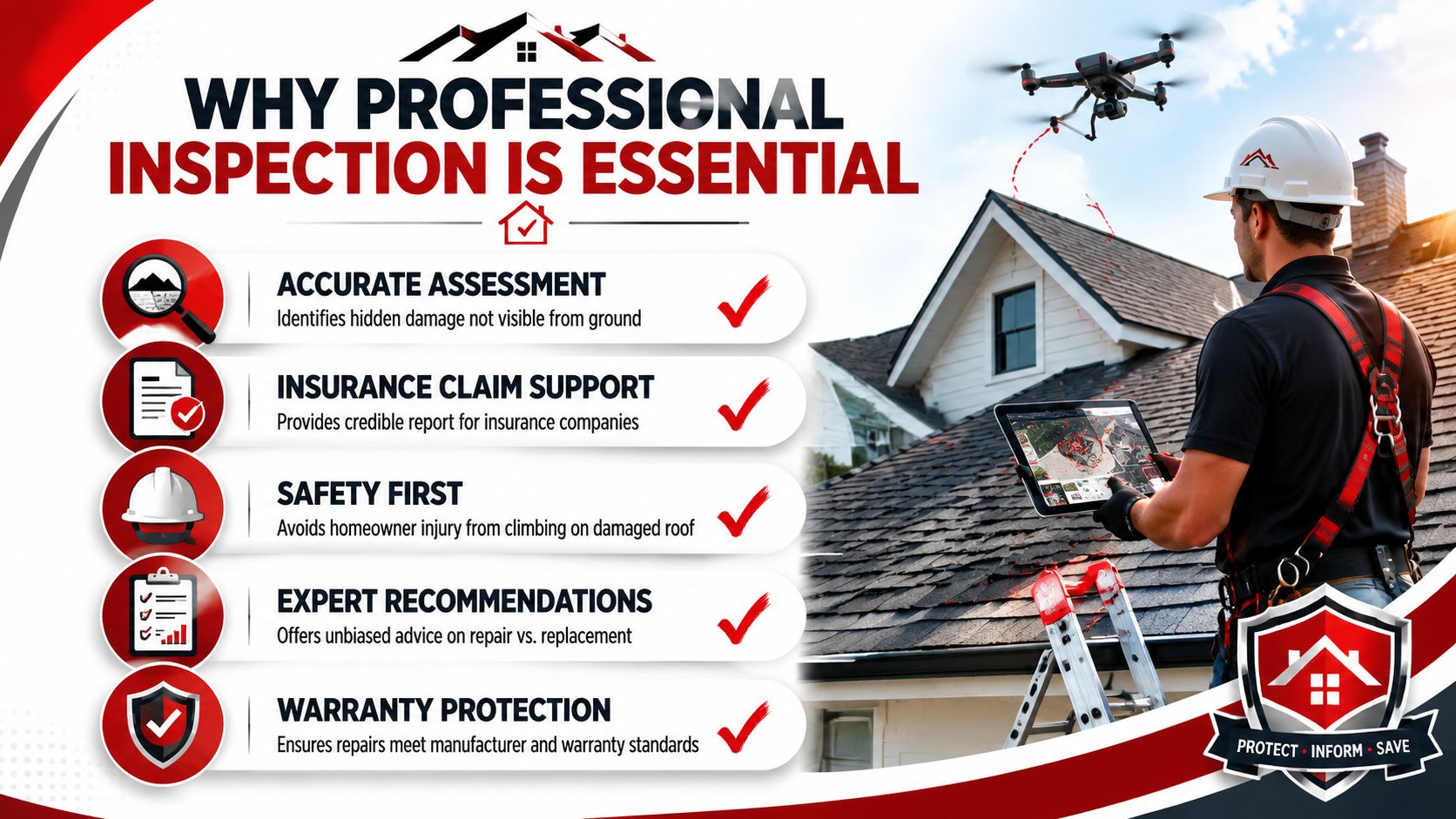 A professional inspector using a drone to examine asphalt shingle hail damage on a residential roof.