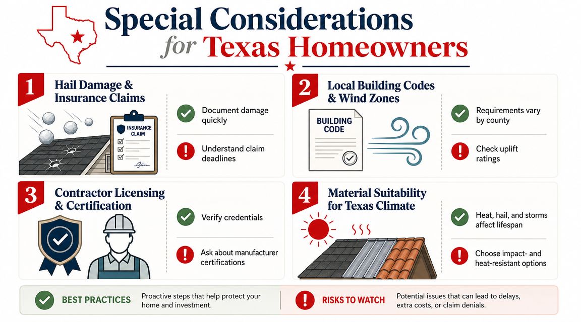 An infographic outlining four essential considerations for Texas homeowners regarding roof insurance, building codes, and contractor selection.