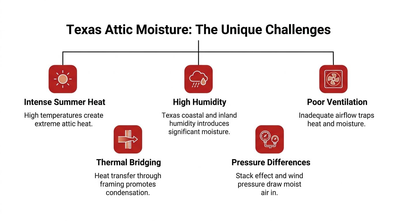 A diagram illustrating the unique causes of attic moisture issues specifically in Texas climate conditions.