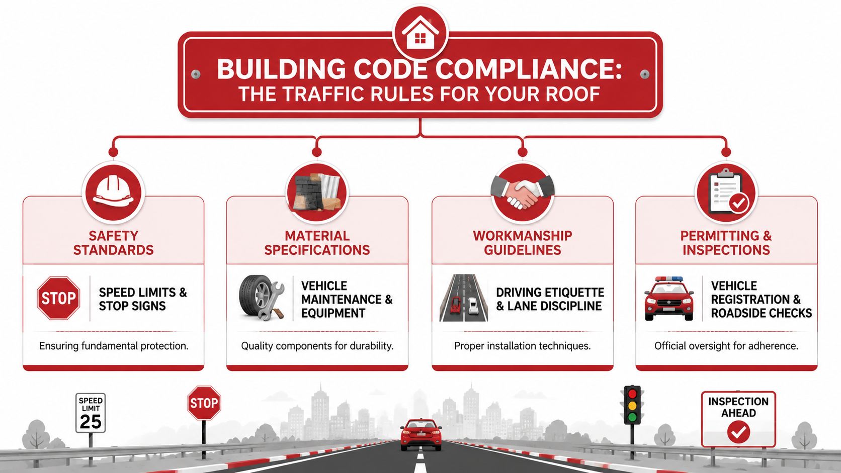 An infographic titled Building Code Compliance comparing roof standards to traffic rules using road-themed icons and terminology.