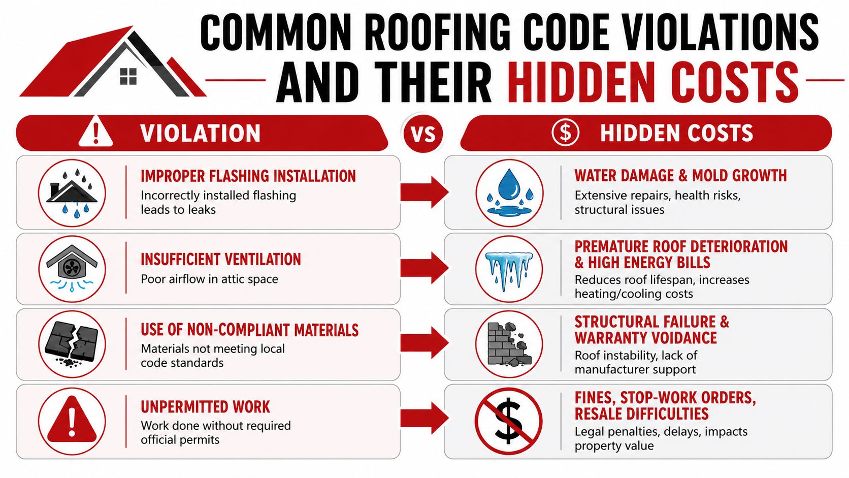 A chart showing common roofing code violations and their associated hidden costs such as water damage and fines.