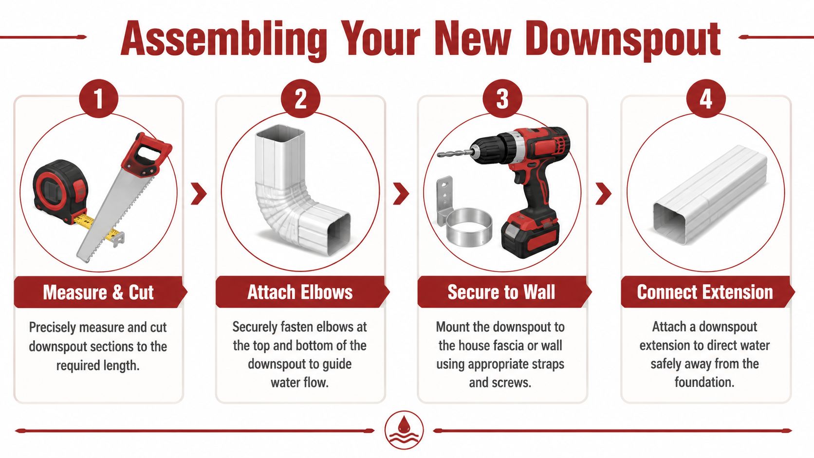 A four-step guide illustrating how to measure, cut, attach, and secure a residential home downspout system.