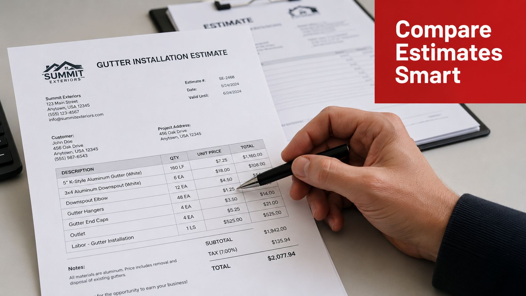 A close-up view of a person using a pen to review a detailed gutter installation estimate document.