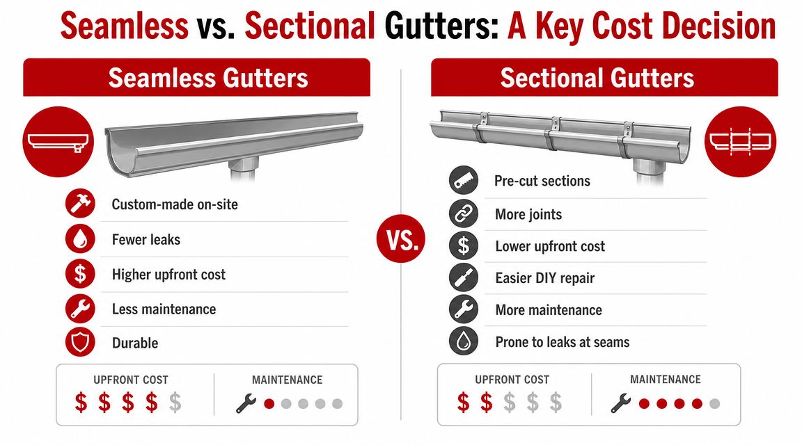 A comparison infographic detailing the differences in cost and maintenance between seamless and sectional gutter systems.