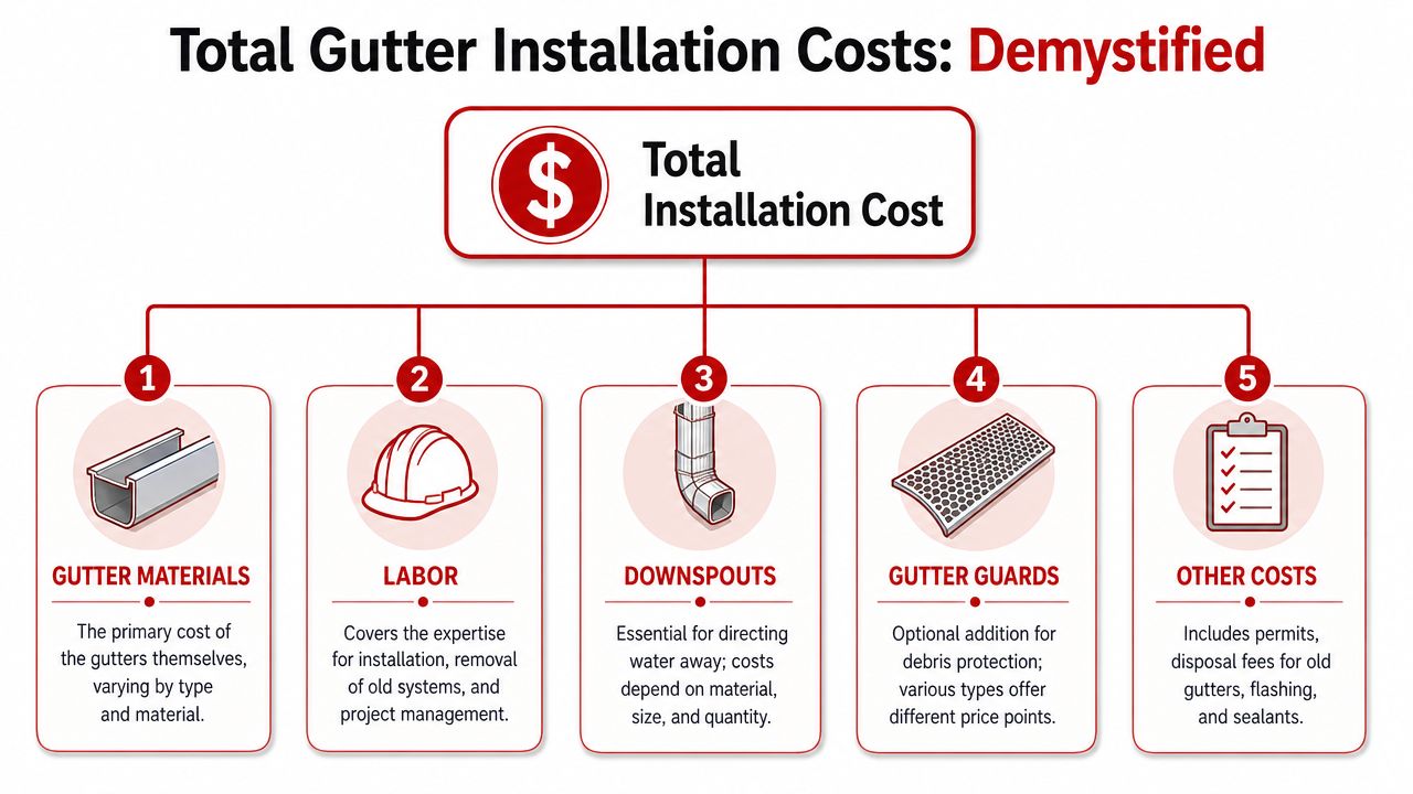 An infographic breakdown explaining the various components that contribute to the total cost of gutter installation.