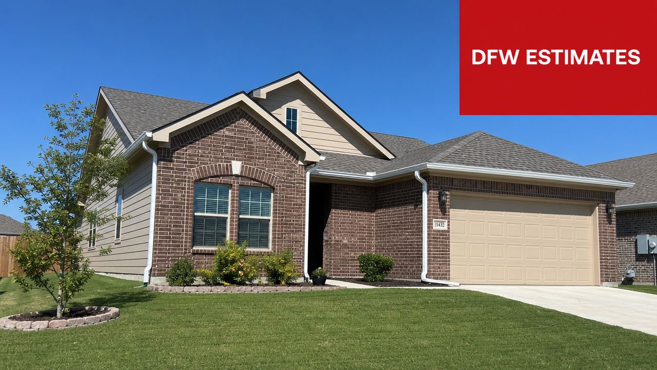 A modern suburban single-story brick house with a neat lawn and white gutter system.