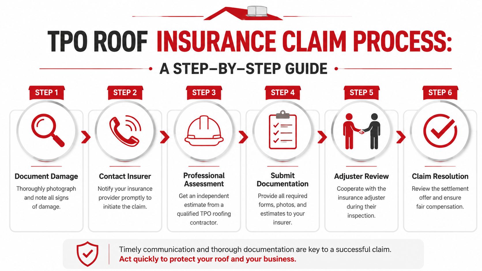A six-step infographic detailing the TPO roof insurance claim process for business property owners.