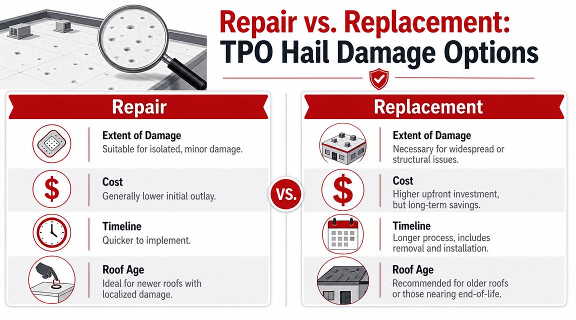A comparison chart showing factors to consider when choosing between repairing or replacing a TPO roof after hail damage.