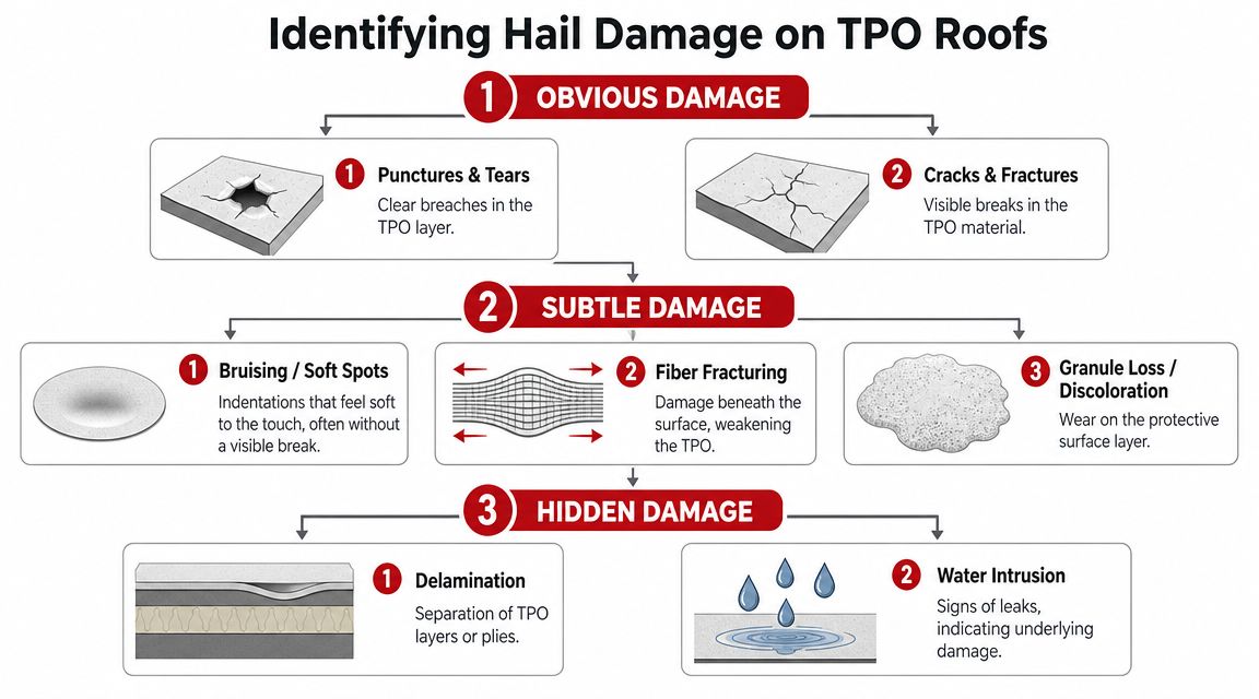 An infographic showing the three categories of hail damage on TPO roofs: obvious, subtle, and hidden damage.