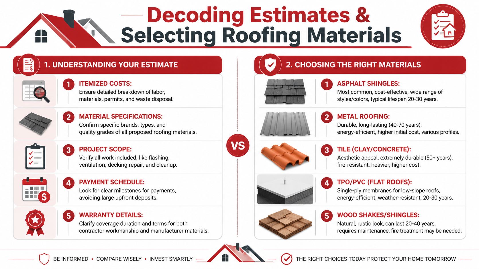 An infographic detailing how to decode roofing estimates and select the right materials for a home.