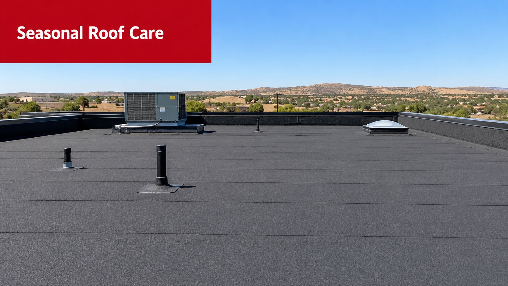 A wide angle view of a flat commercial roof with an HVAC unit and plumbing vents.