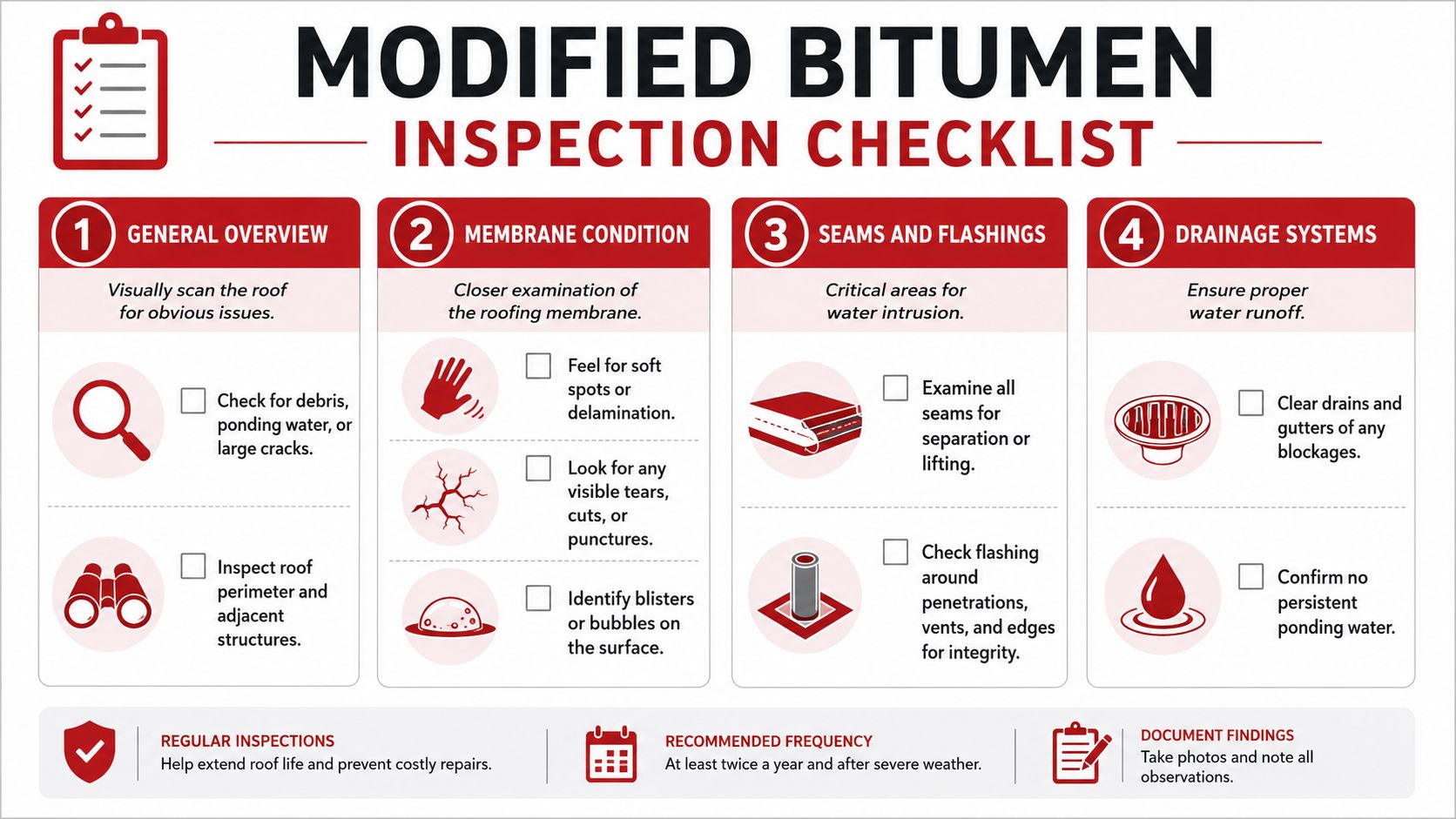 An infographic checklist for performing a regular inspection of a modified bitumen roofing system.