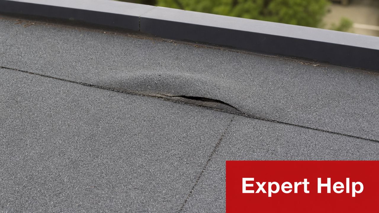 Close up of a damaged modified bitumen roof seam with a noticeable bubble and tear in material.