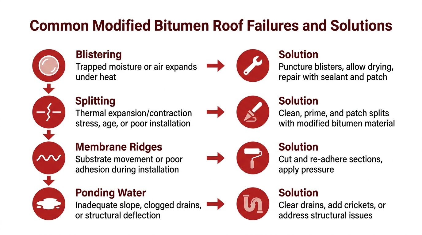 A chart illustrating common modified bitumen roof failures like blistering and ponding water along with their solutions.