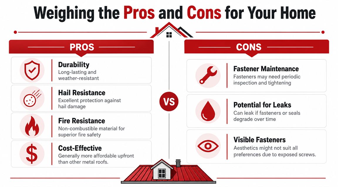 A comparison chart showing the pros and cons of pro panel metal roofing for residential homes.