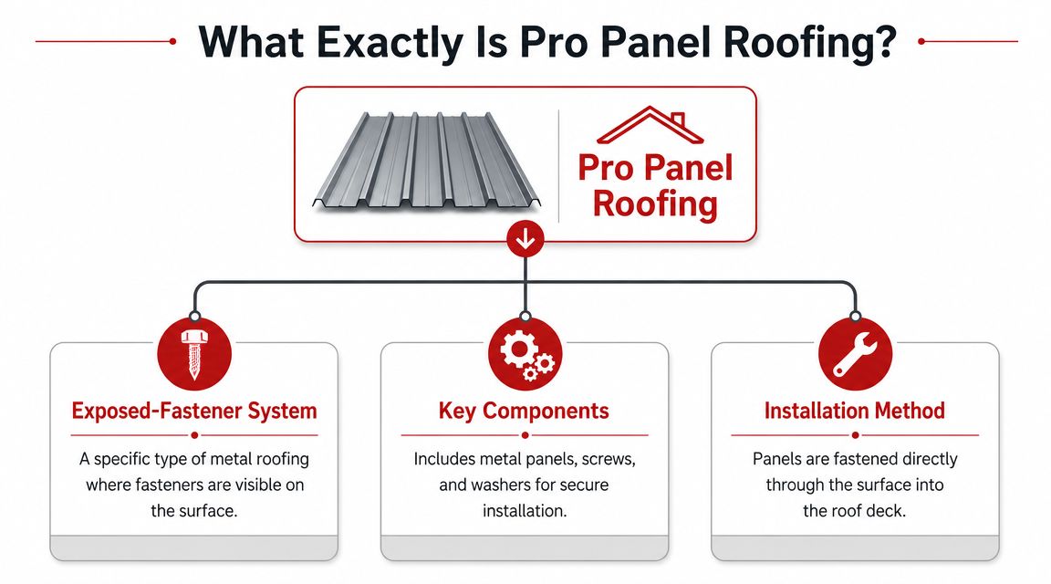An infographic explaining the characteristics of pro panel metal roofing, including its components and installation method.