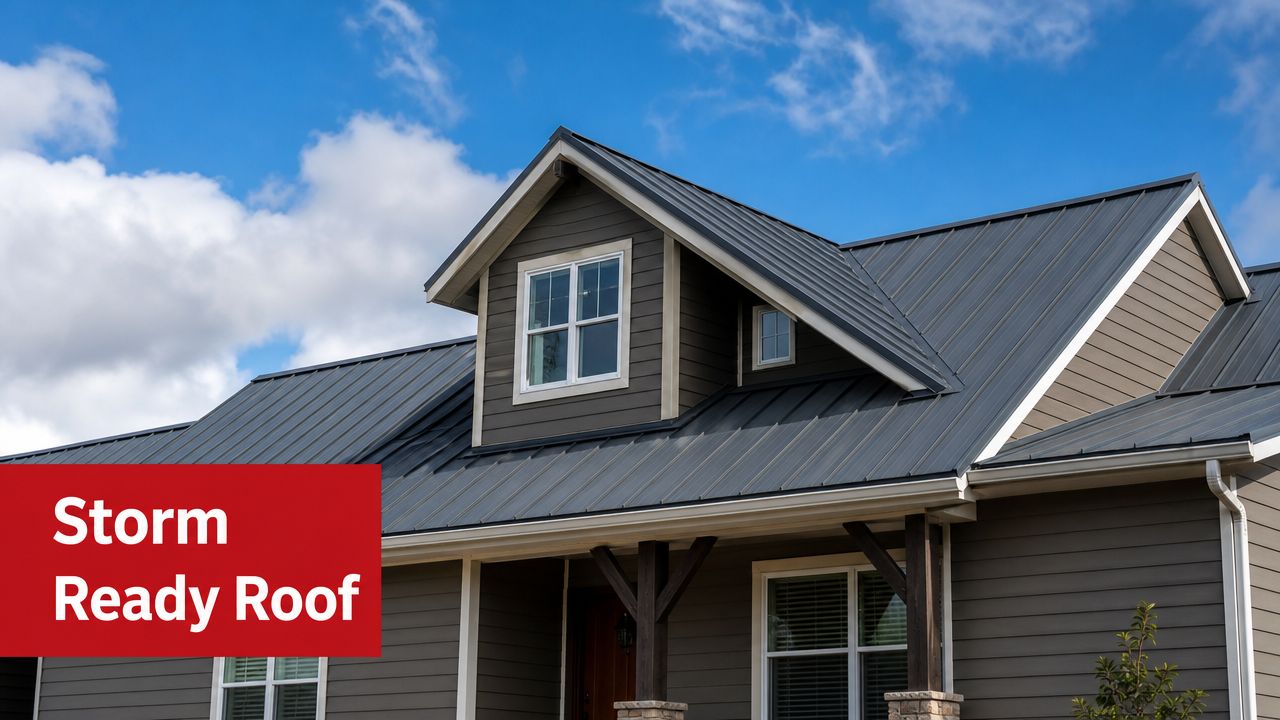 A modern suburban house with a durable metal roof under a bright blue sky with clouds.