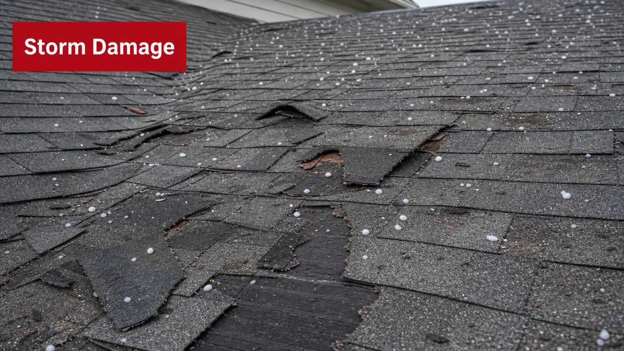 A damaged residential roof with torn asphalt shingles and scattered hail pellets after a severe storm.
