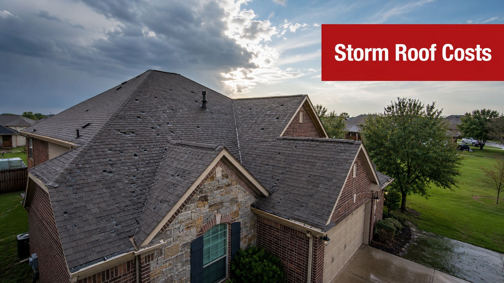 A house roof with significant hail damage on a cloudy day, indicating a need for repair.