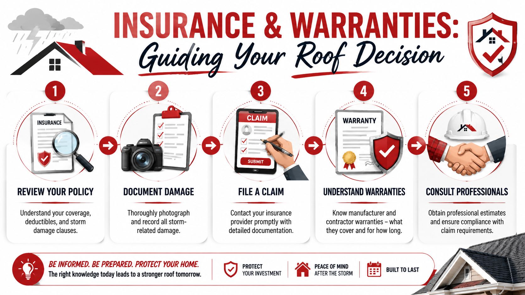 An infographic showing a five-step guide for managing home roof insurance claims and warranties after storm damage.