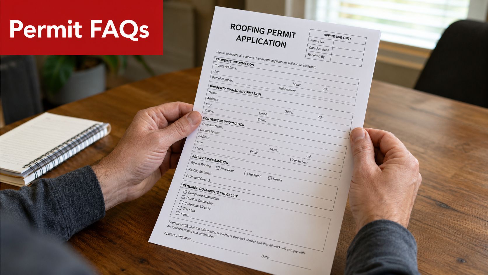 A person holding a roofing permit application form while sitting at a desk with a notebook.