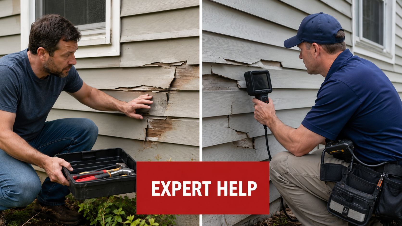 A man and a technician examining severe water damage on exterior house siding with diagnostic tools.