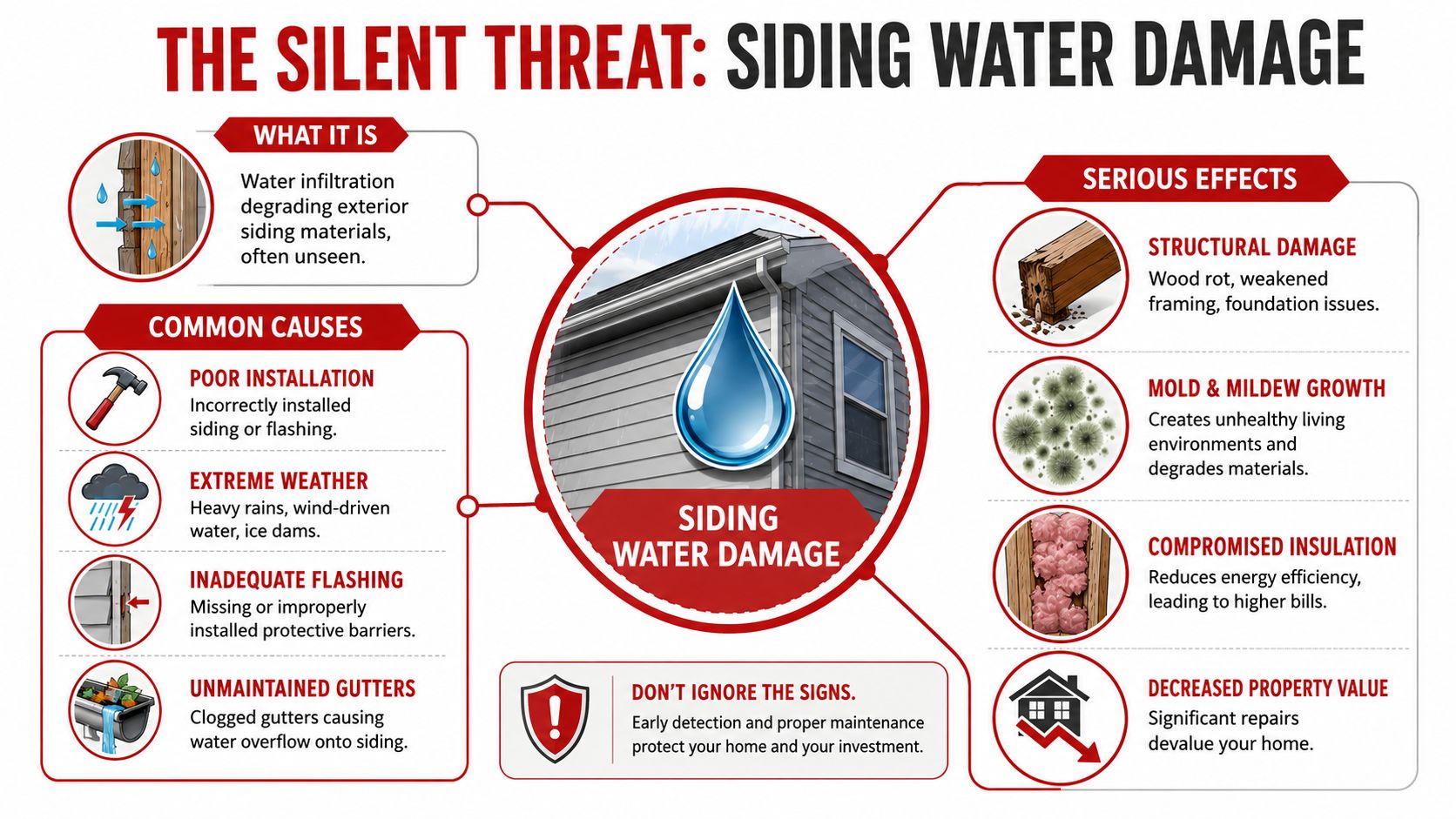 An infographic titled The Silent Threat detailing causes and serious effects of siding water damage.