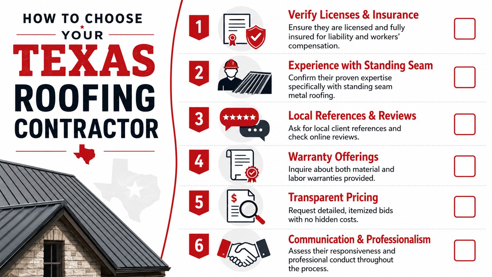 A checklist infographic on how to choose a professional standing seam metal roofing contractor in Texas.