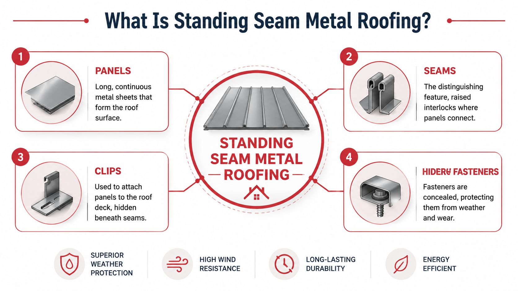 An infographic explaining the components of standing seam metal roofing, featuring panels, seams, clips, and hidden fasteners.