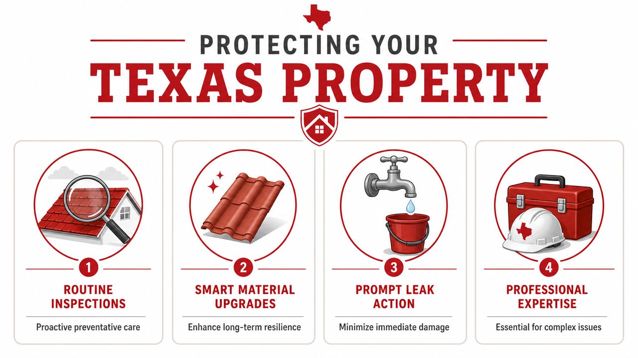 An infographic titled Protecting Your Texas Property, showing four key steps for maintaining a roof and home.