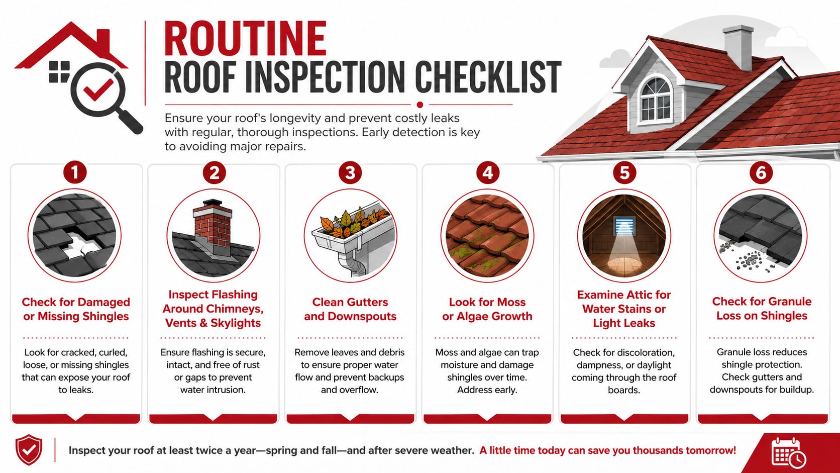 A six-step routine roof inspection checklist infographic designed to help homeowners prevent costly water damage and leaks.