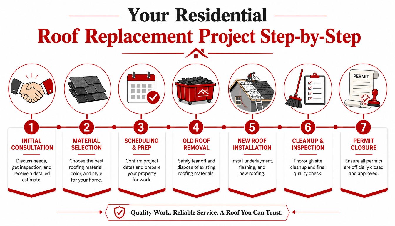 A step-by-step infographic illustrating the seven stages of a residential roof replacement project from consultation to completion.