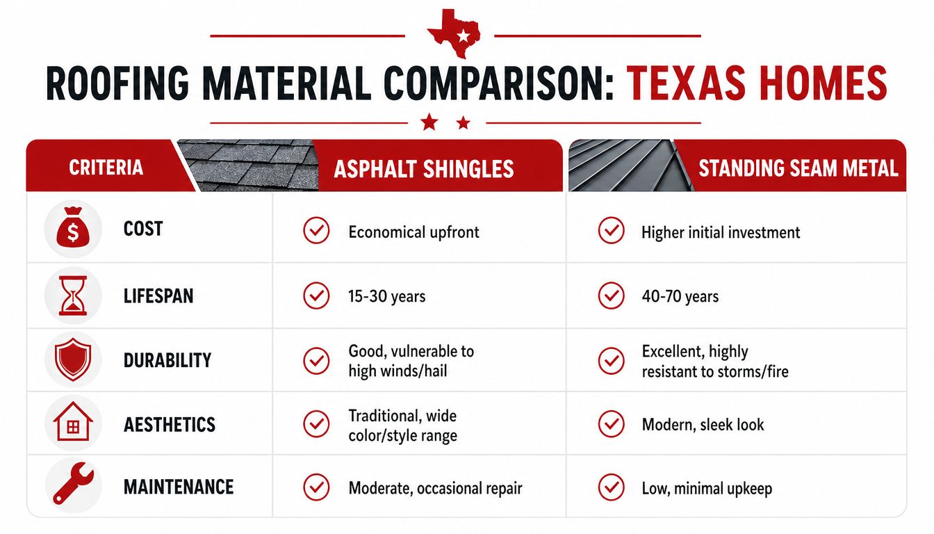 A comparison chart outlining the pros and cons of asphalt shingles versus standing seam metal roofing.