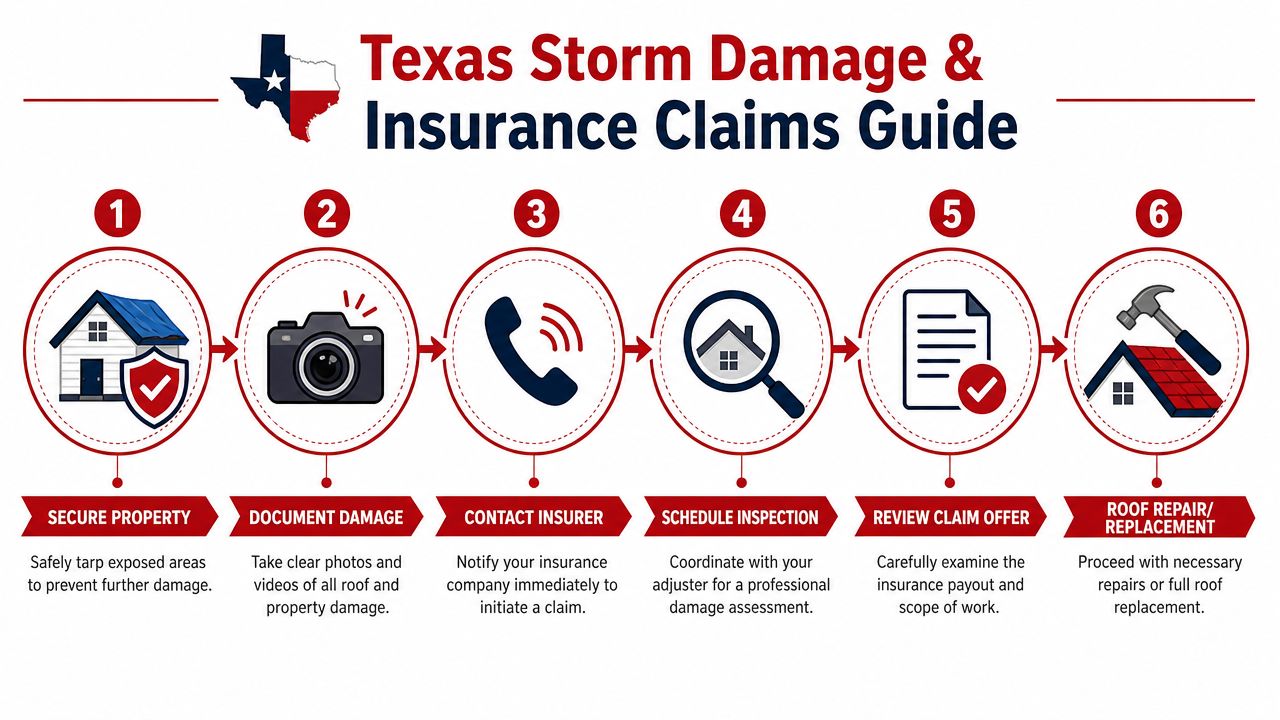 A six-step infographic showing the process for handling Texas storm damage and residential insurance claims.