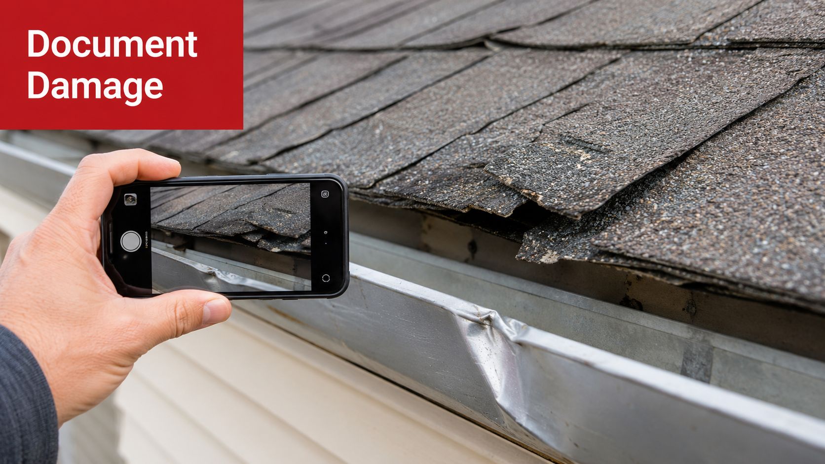 A person using a smartphone to photograph a damaged roof shingle and a dented metal gutter.