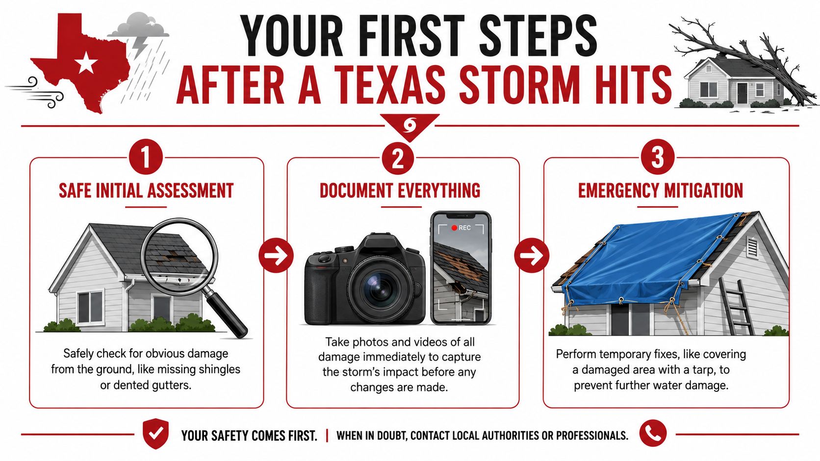 An infographic showing three steps to follow after a Texas storm for filing a property insurance claim.